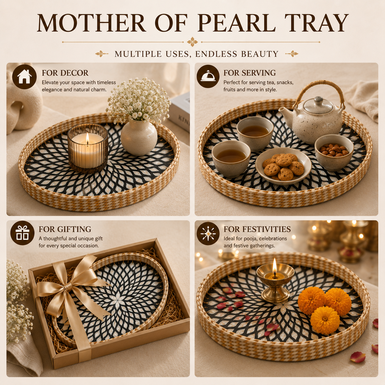 Handcrafted Mother of Pearl Oval Tray Set of 2 with Natural Jute Border – Decorative, Serving & Gifting Trays