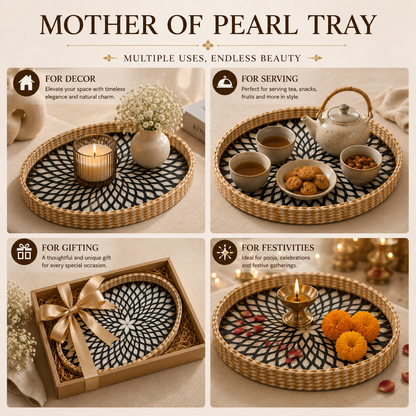 Handcrafted Mother of Pearl Oval Tray Set of 2 with Natural Jute Border – Decorative, Serving & Gifting Trays