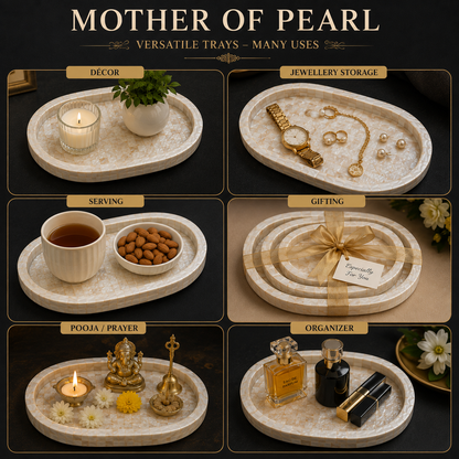 Handcrafted Mother of Pearl Oval Tray Set of 3 – Decorative, Serving, Jewellery, Pooja & Gifting Trays