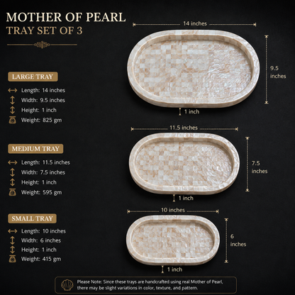 Handcrafted Mother of Pearl Oval Tray Set of 3 – Decorative, Serving, Jewellery, Pooja & Gifting Trays