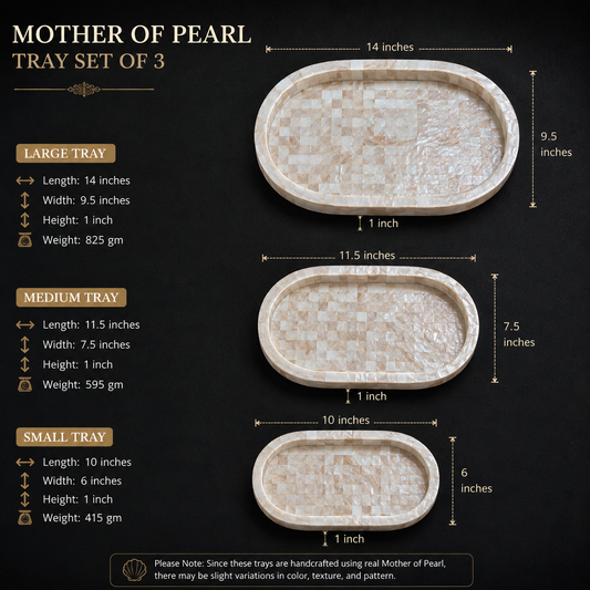 Handcrafted Mother of Pearl Oval Tray Set of 3 – Decorative, Serving, Jewellery, Pooja & Gifting Trays