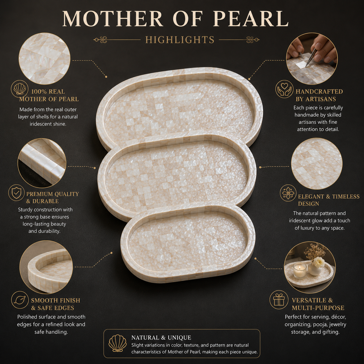 Handcrafted Mother of Pearl Oval Tray Set of 3 – Decorative, Serving, Jewellery, Pooja & Gifting Trays