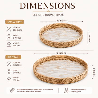 Handcrafted Mother of Pearl Round Tray Set of 2 | Woven Natural Rim Decorative Serving Trays for Home Décor, Jewellery Storage, Pooja & Gifting | 10 & 12 Inch