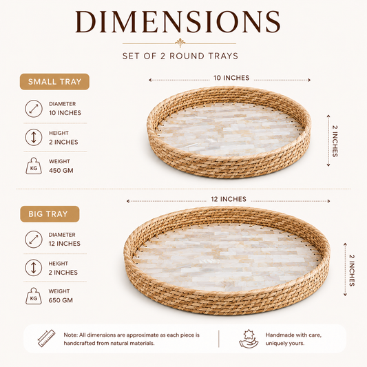 Handcrafted Mother of Pearl Round Tray Set of 2 | Woven Natural Rim Decorative Serving Trays for Home Décor, Jewellery Storage, Pooja & Gifting | 10 & 12 Inch