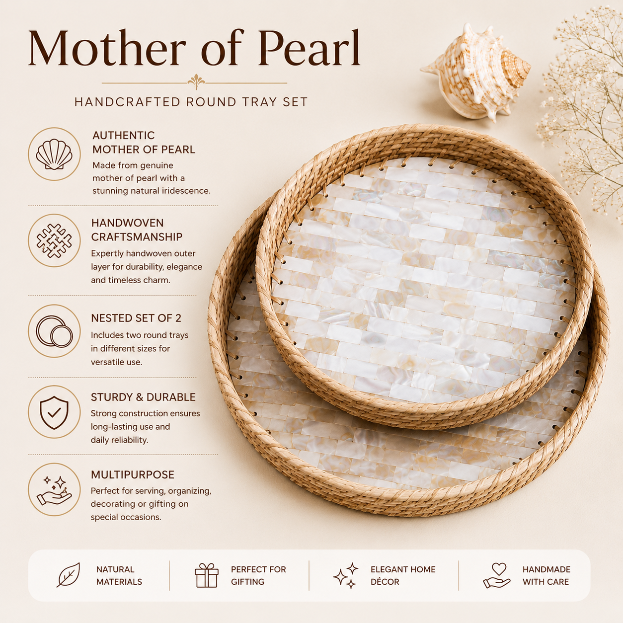 Handcrafted Mother of Pearl Round Tray Set of 2 | Woven Natural Rim Decorative Serving Trays for Home Décor, Jewellery Storage, Pooja & Gifting | 10 & 12 Inch