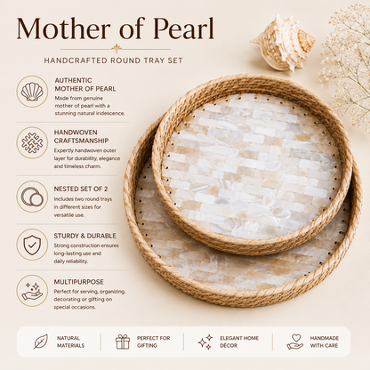 Handcrafted Mother of Pearl Round Tray Set of 2 | Woven Natural Rim Decorative Serving Trays for Home Décor, Jewellery Storage, Pooja & Gifting | 10 & 12 Inch
