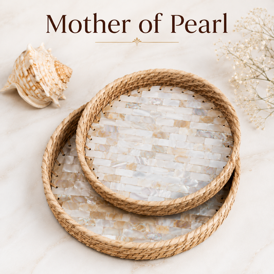 Handcrafted Mother of Pearl Round Tray Set of 2 | Woven Natural Rim Decorative Serving Trays for Home Décor, Jewellery Storage, Pooja & Gifting | 10 & 12 Inch