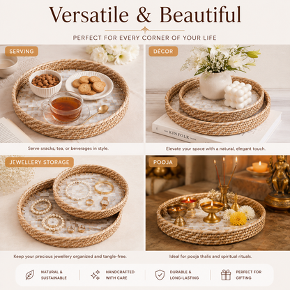 Handcrafted Mother of Pearl Round Tray Set of 2 | Woven Natural Rim Decorative Serving Trays for Home Décor, Jewellery Storage, Pooja & Gifting | 10 & 12 Inch
