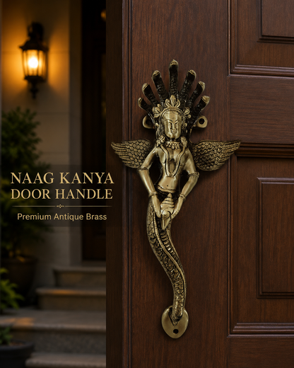 Premium Naag Kanya Antique Brass Door Handle – 14" Handcrafted Pull | The Indian Aura