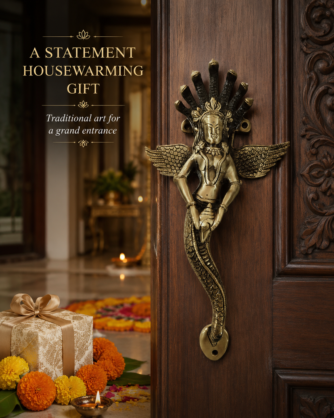 Premium Naag Kanya Antique Brass Door Handle – 14" Handcrafted Pull | The Indian Aura