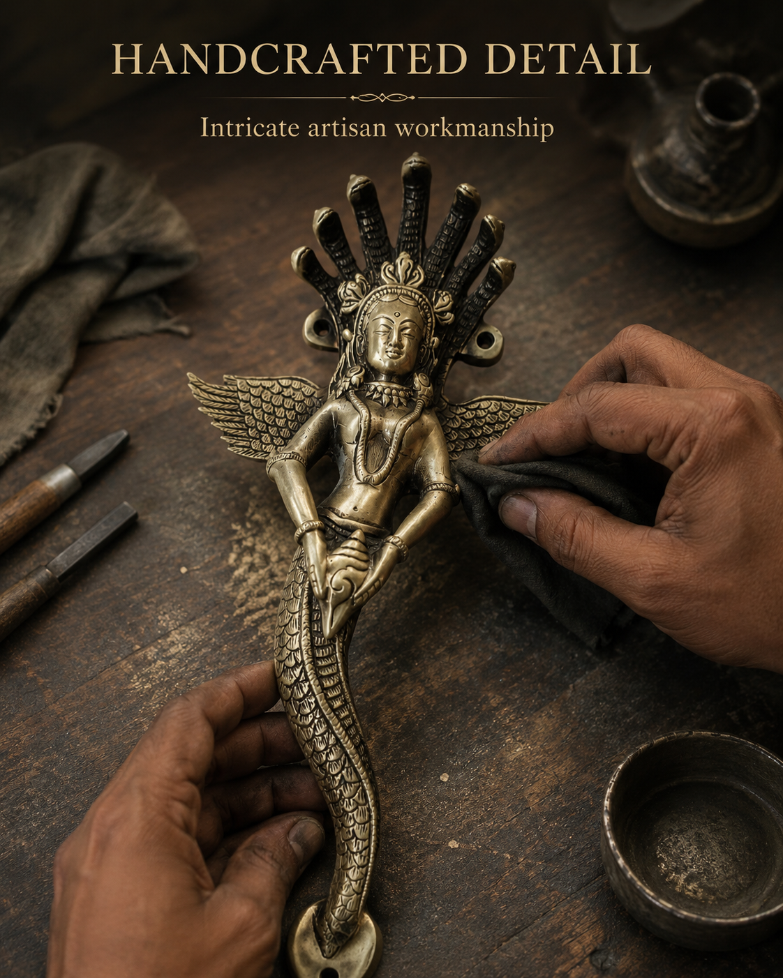 Premium Naag Kanya Antique Brass Door Handle – 14" Handcrafted Pull | The Indian Aura