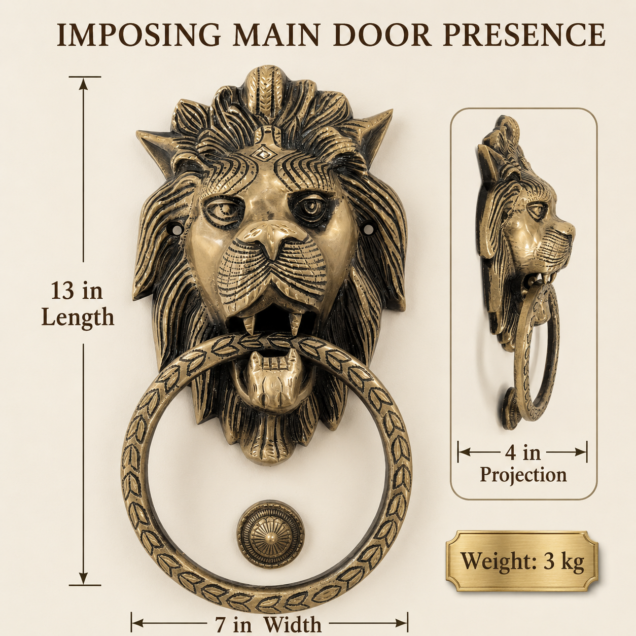 Handcrafted Lion King Brass Door Knocker for Main Door – 3 kg  Antique Finish