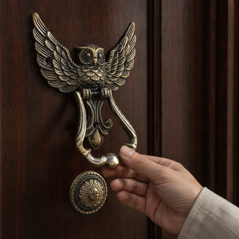 Heritage Sentinel Spread-Wing Owl Door Knocker – Antique Brass Finish | The Indian Aura