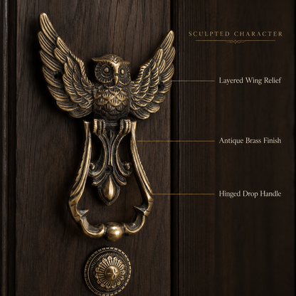 Heritage Sentinel Spread-Wing Owl Door Knocker – Antique Brass Finish | The Indian Aura