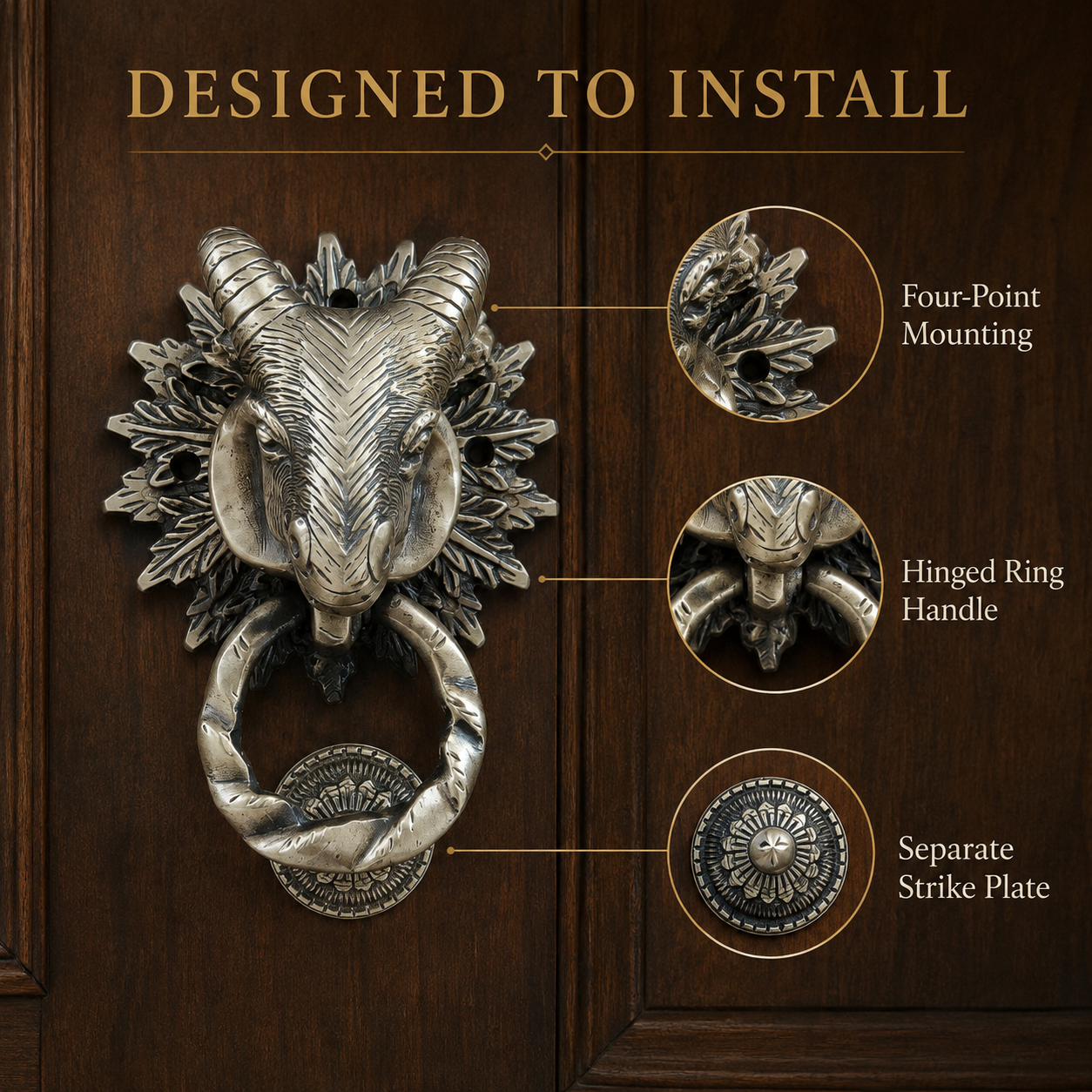 Regal Heritage Ram Head Door Knocker – Antique Brass Finish | The Indian Aura