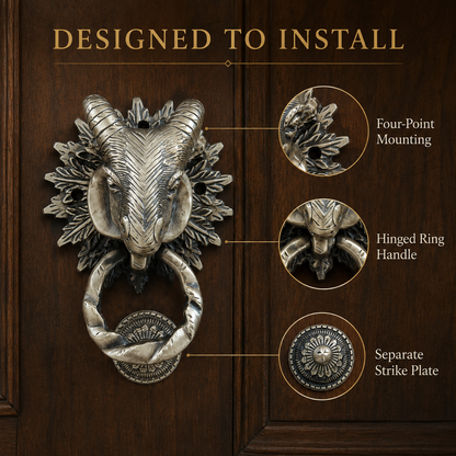 Regal Heritage Ram Head Door Knocker – Antique Brass Finish | The Indian Aura