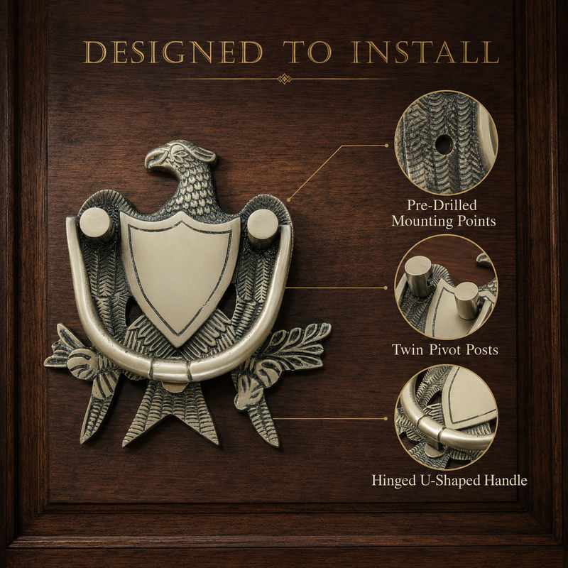 Heraldic Eagle Shield Brass Door Knocker – Antique Finish