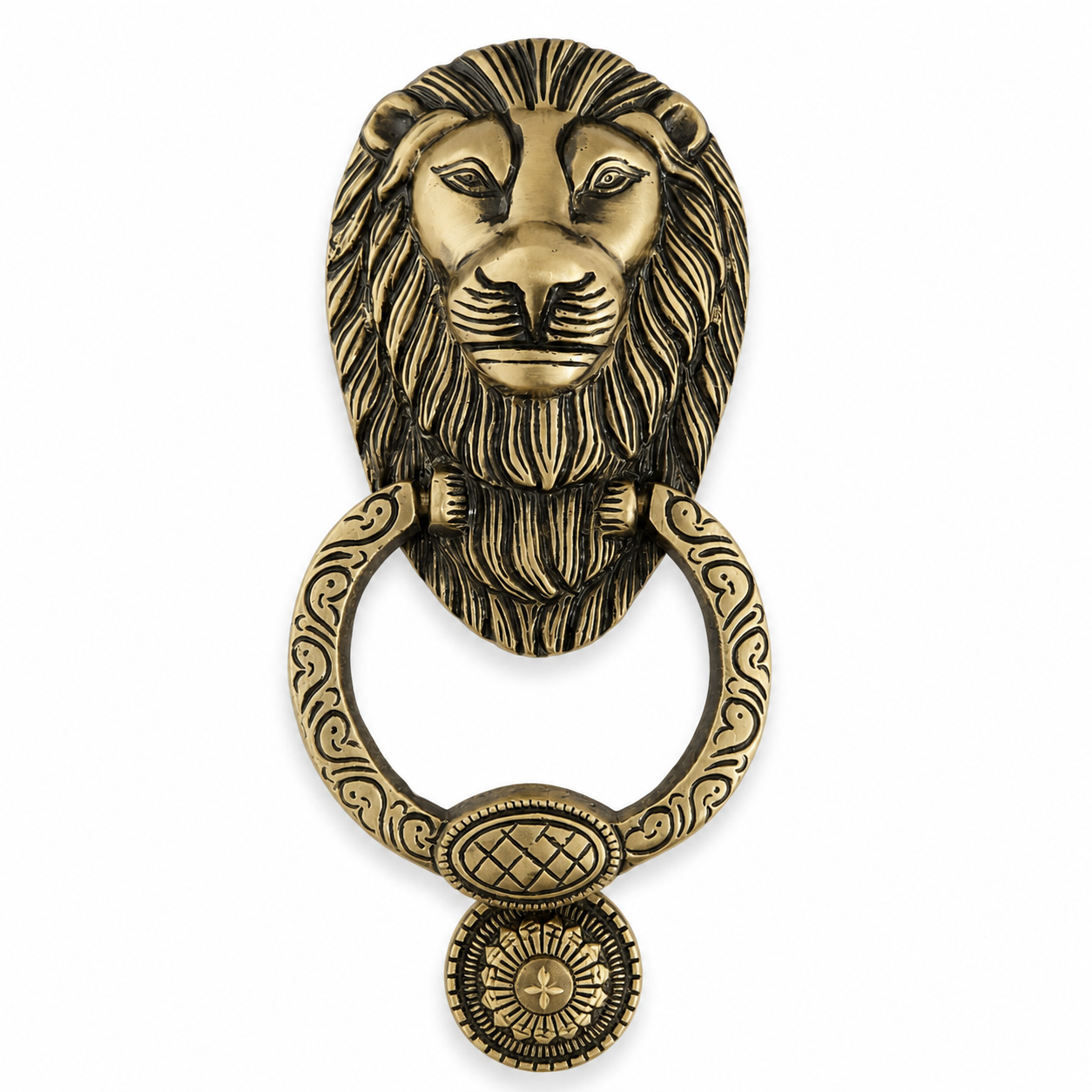 Regal Lion Head Door Knocker with Engraved Ring – Antique Brass Finish | The Indian Aura