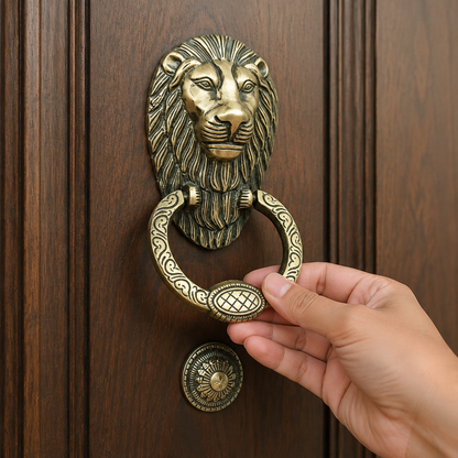Regal Lion Head Door Knocker with Engraved Ring – Antique Brass Finish | The Indian Aura