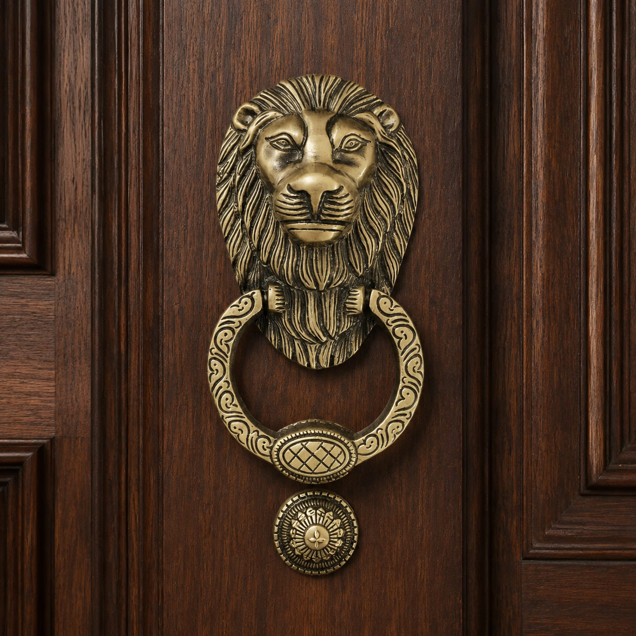 Regal Lion Head Door Knocker with Engraved Ring – Antique Brass Finish | The Indian Aura