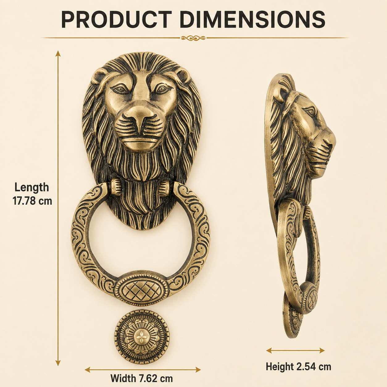 Regal Lion Head Door Knocker with Engraved Ring – Antique Brass Finish | The Indian Aura
