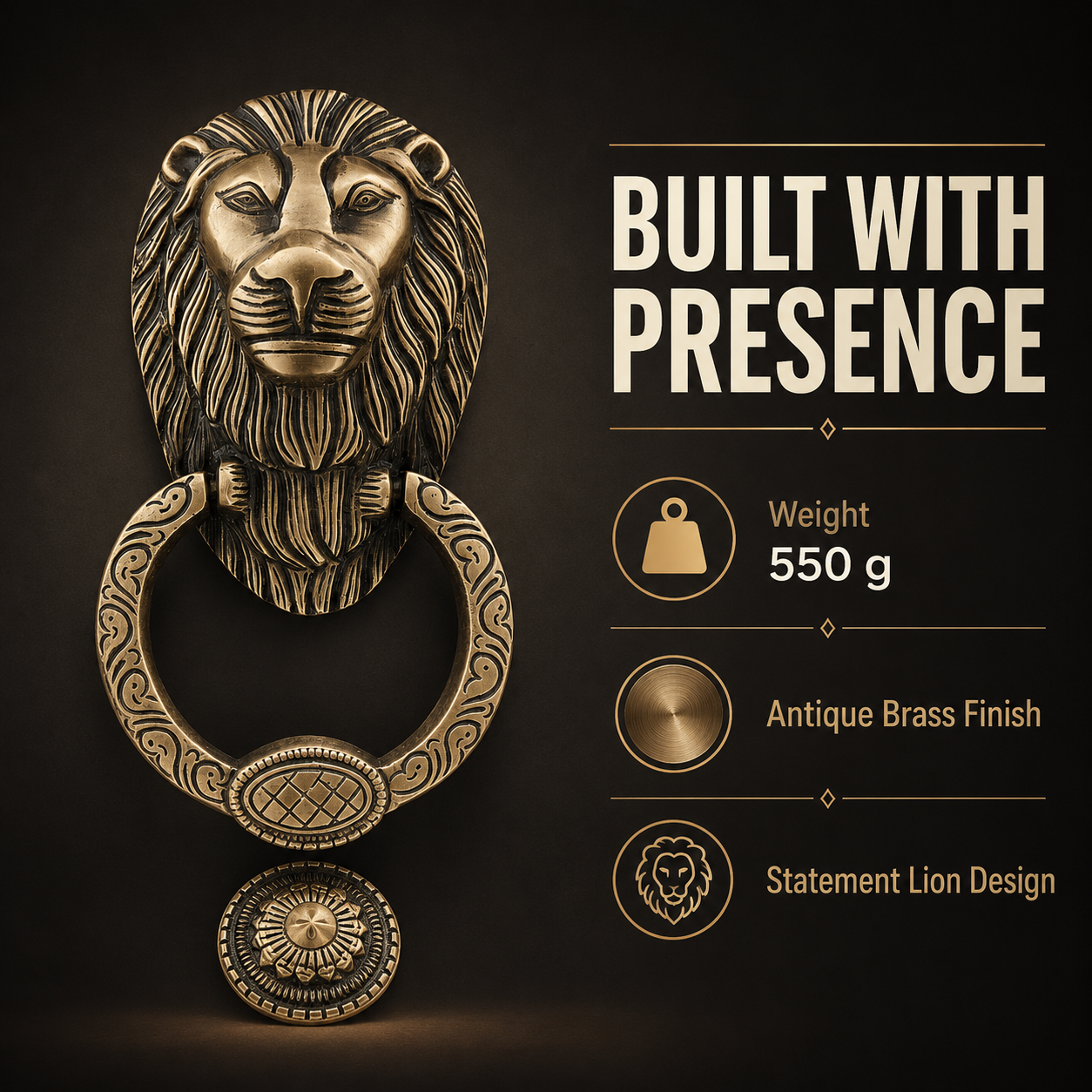 Regal Lion Head Door Knocker with Engraved Ring – Antique Brass Finish | The Indian Aura