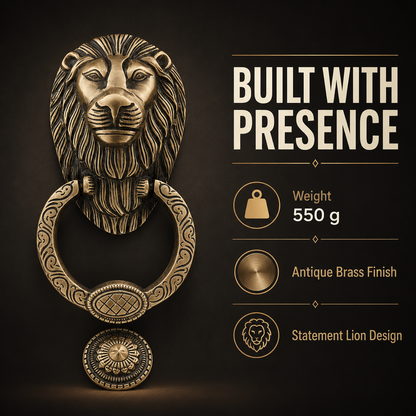 Regal Lion Head Door Knocker with Engraved Ring – Antique Brass Finish | The Indian Aura