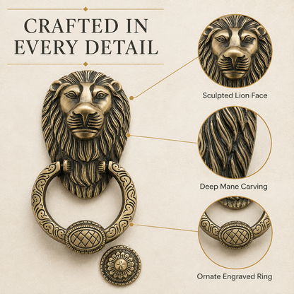 Regal Lion Head Door Knocker with Engraved Ring – Antique Brass Finish | The Indian Aura