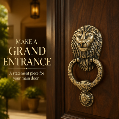 Regal Lion Head Door Knocker with Engraved Ring – Antique Brass Finish | The Indian Aura