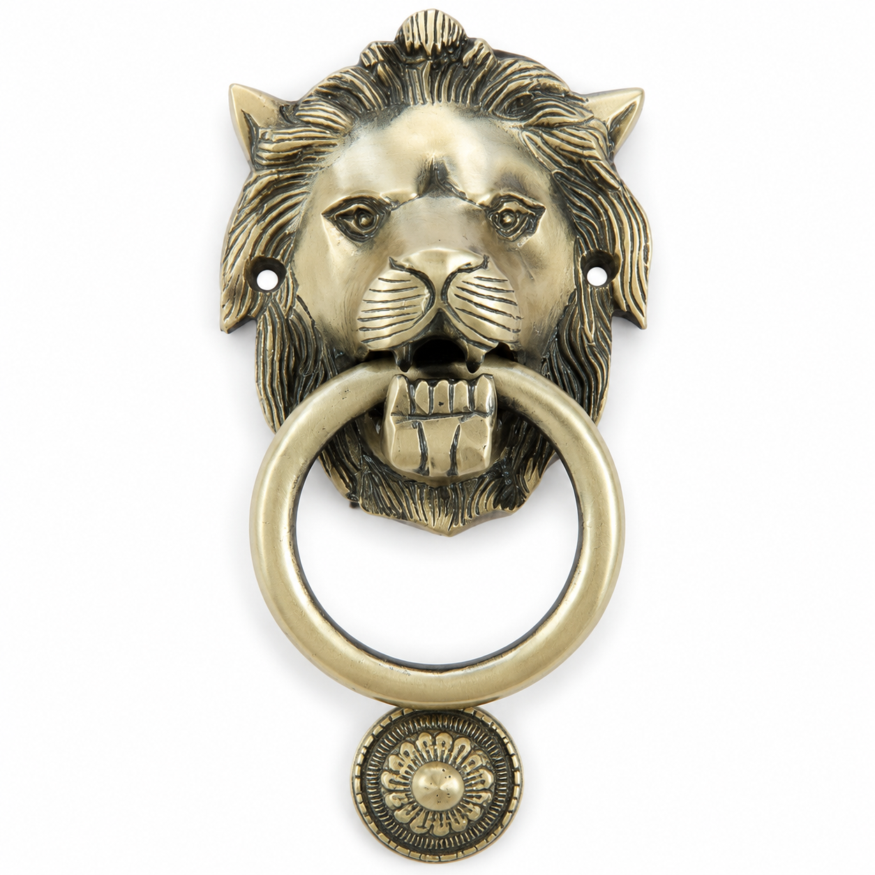 Heritage Sentinel Compact Lion Head Door Knocker – Antique Brass Finish | The Indian Aura