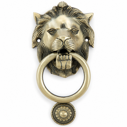Heritage Sentinel Compact Lion Head Door Knocker – Antique Brass Finish | The Indian Aura