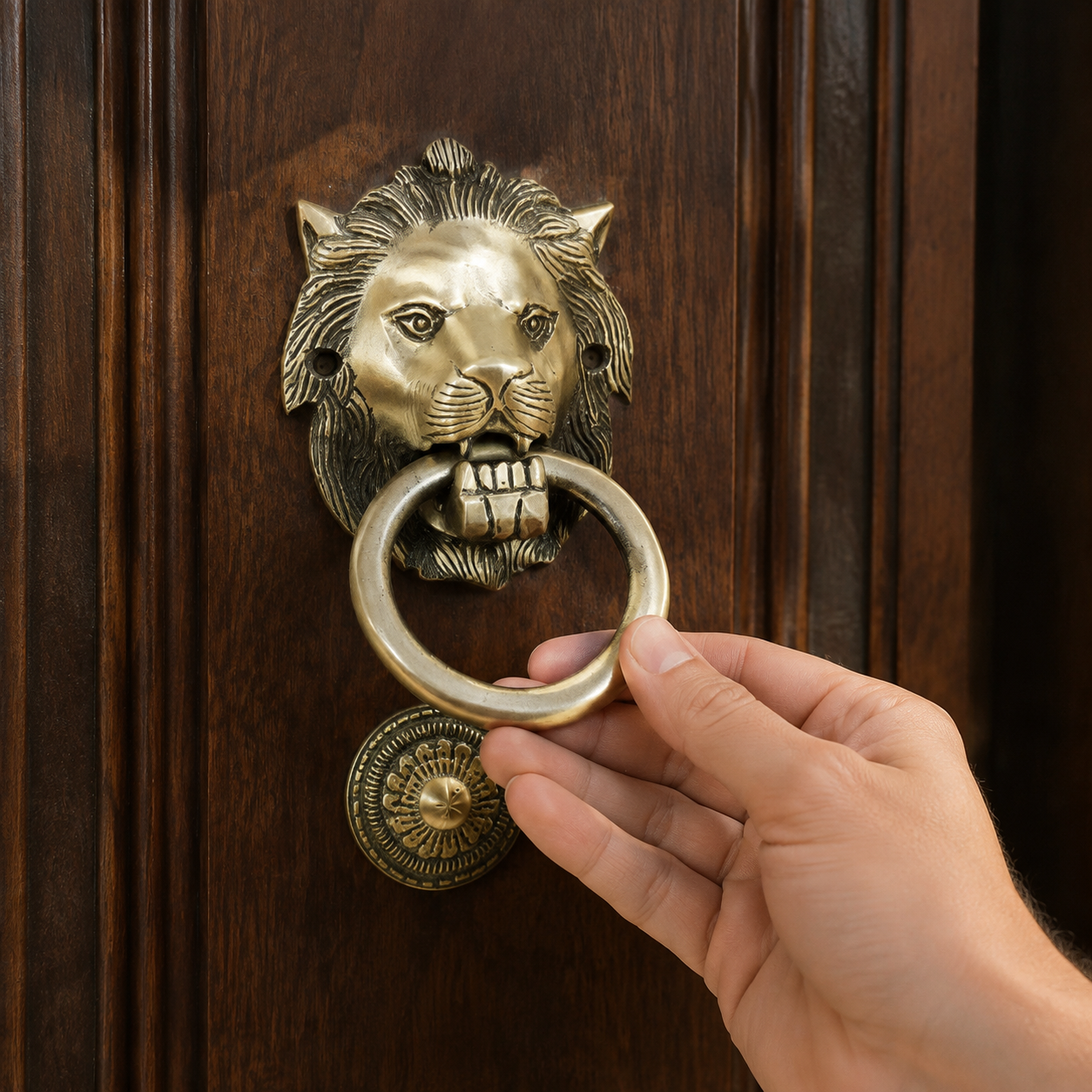 Heritage Sentinel Compact Lion Head Door Knocker – Antique Brass Finish | The Indian Aura