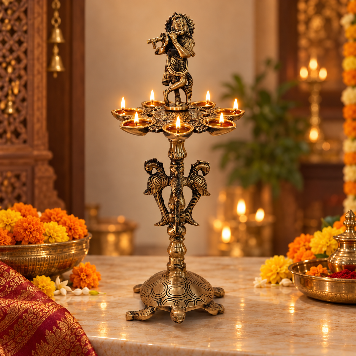 Brass Krishna Diya Stand with 7 Oil Holders – Antique Finish | The Indian Aura