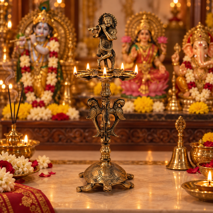 Brass Krishna Diya Stand with 7 Oil Holders – Antique Finish | The Indian Aura