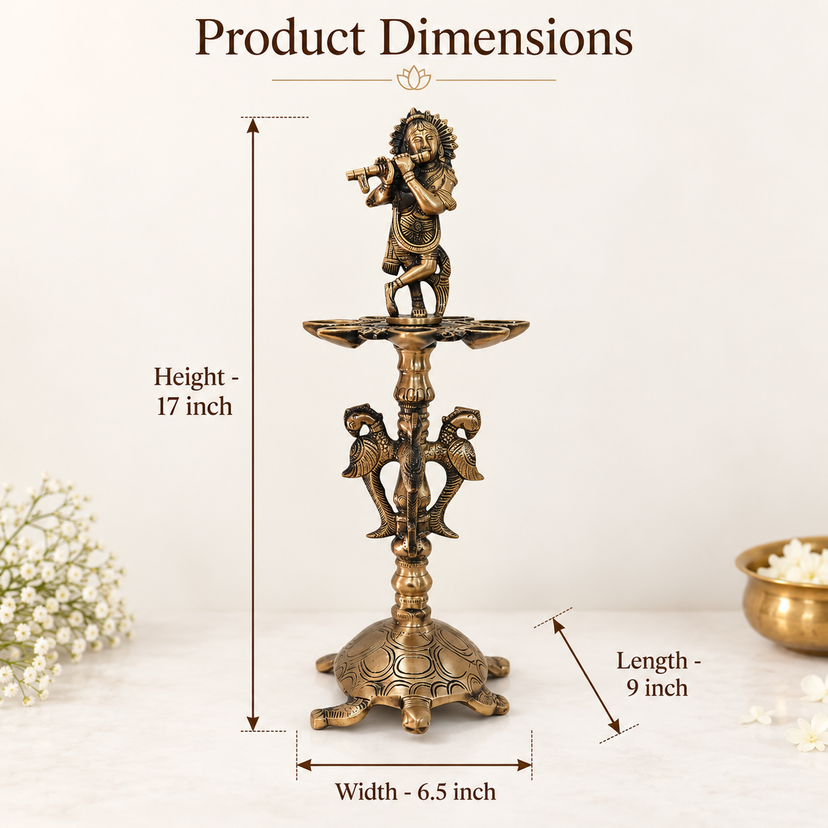 Brass Krishna Diya Stand with 7 Oil Holders – Antique Finish | The Indian Aura