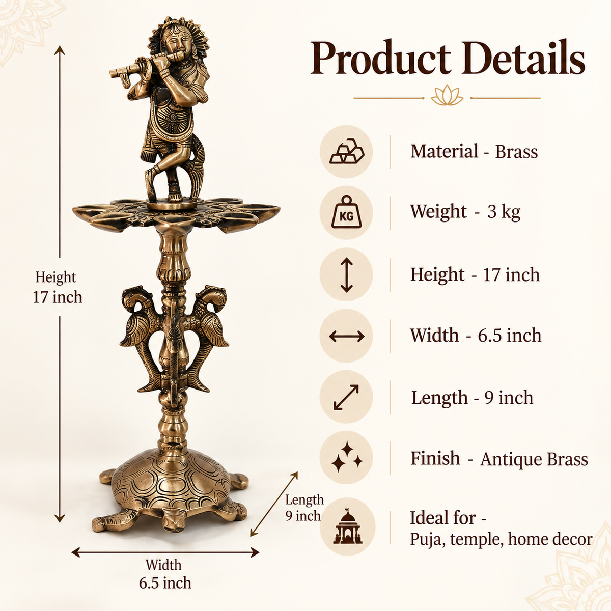 Brass Krishna Diya Stand with 7 Oil Holders – Antique Finish | The Indian Aura