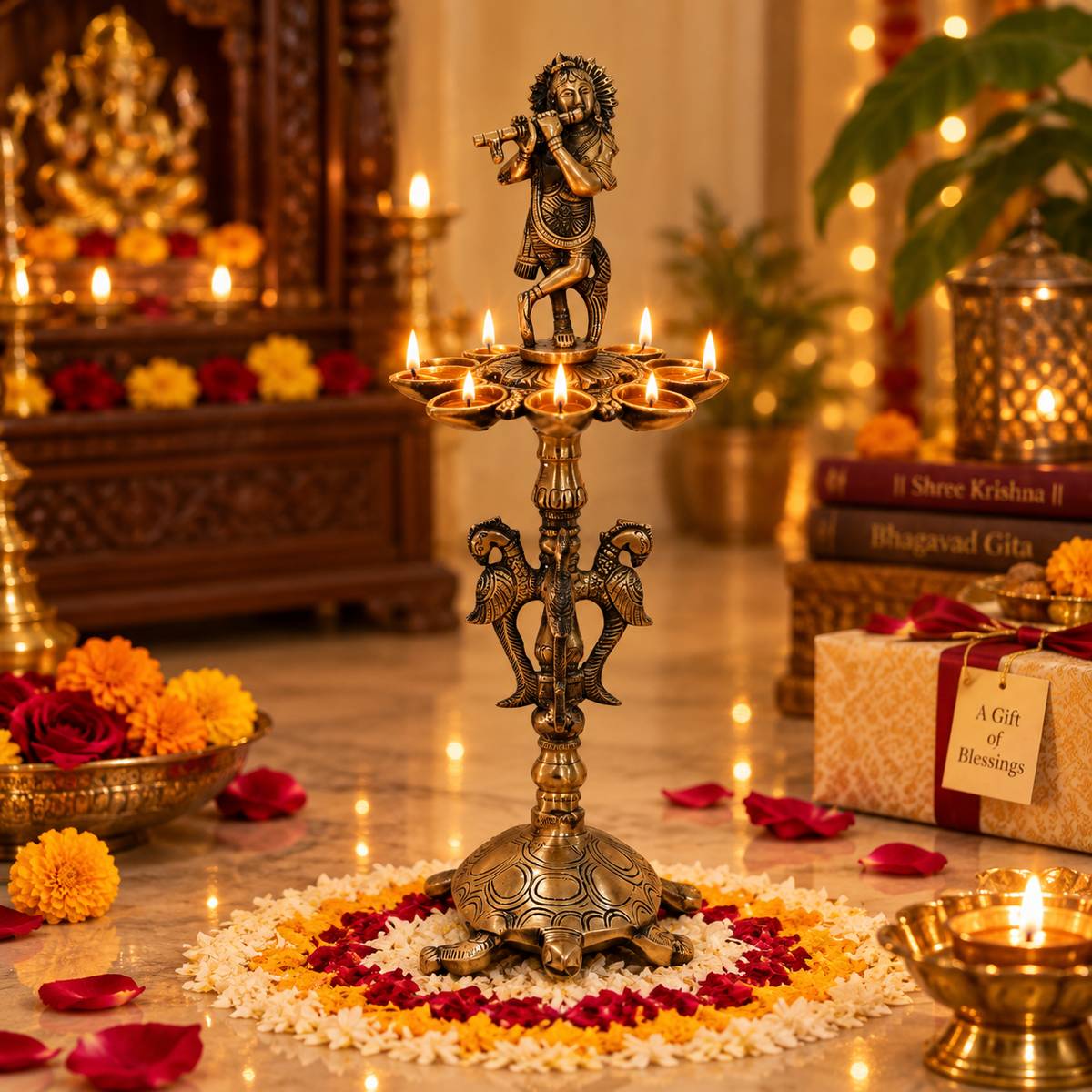 Brass Krishna Diya Stand with 7 Oil Holders – Antique Finish | The Indian Aura
