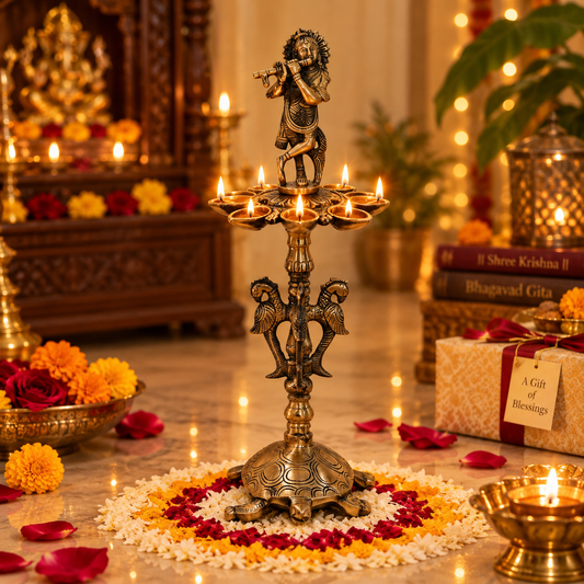 Brass Krishna Diya Stand with 7 Oil Holders – Antique Finish | The Indian Aura