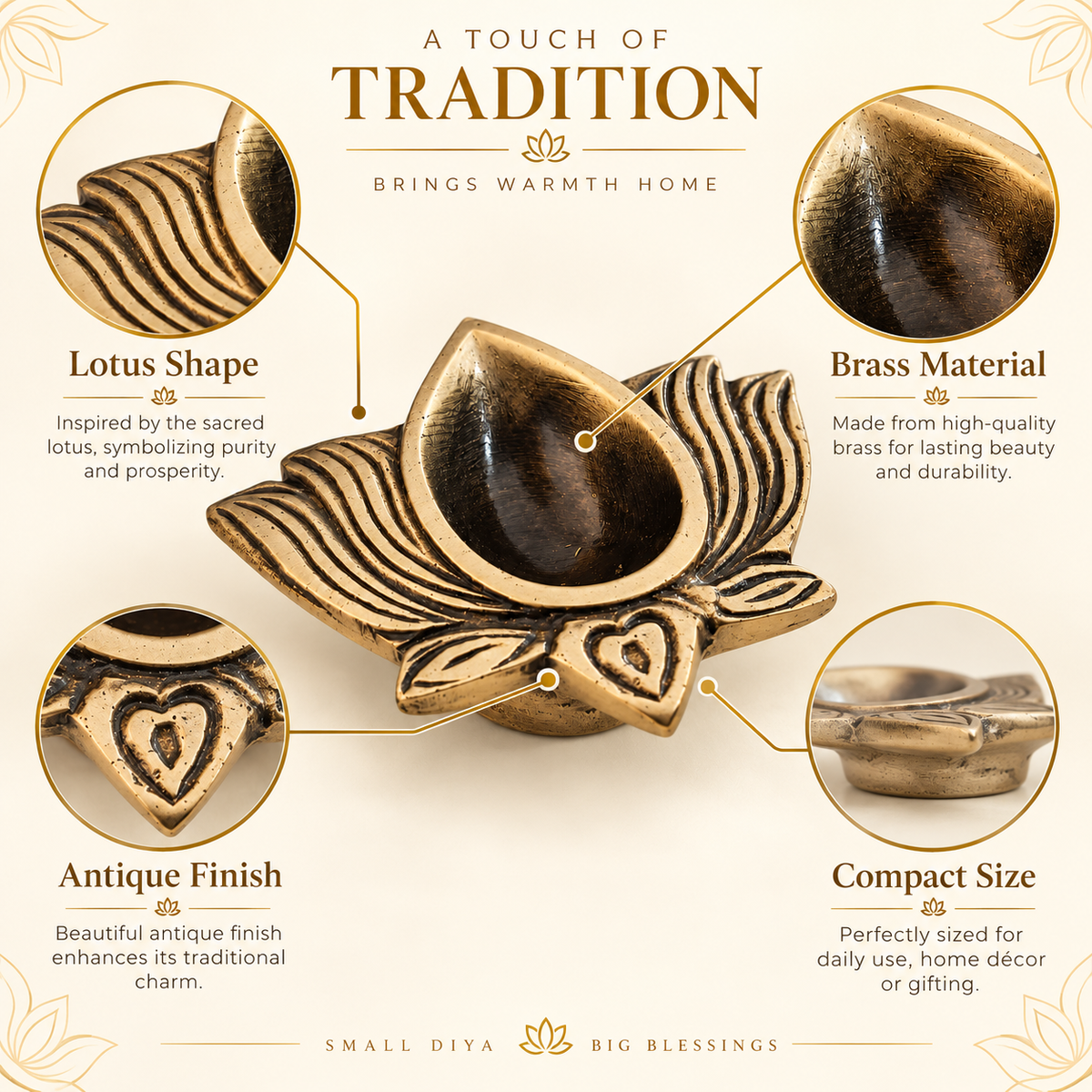 Brass Lotus Diya in Antique Finish – Traditional Oil Lamp for Puja & Diwali | The Indian Aura