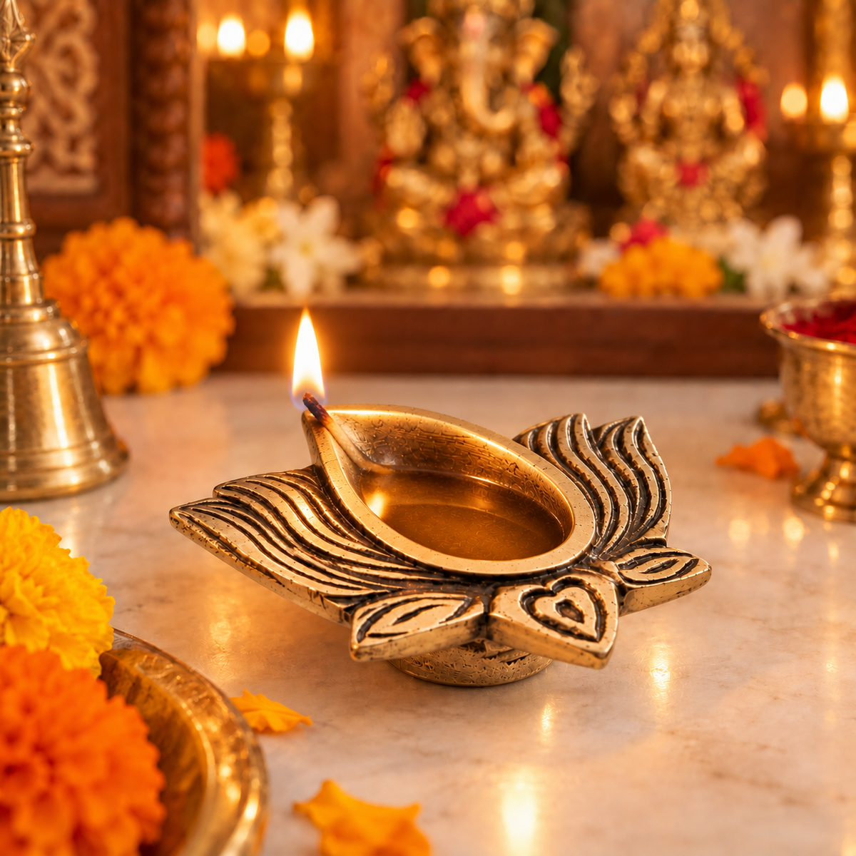 Brass Lotus Diya in Antique Finish – Traditional Oil Lamp for Puja & Diwali | The Indian Aura