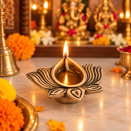 Brass Lotus Diya in Antique Finish – Traditional Oil Lamp for Puja & Diwali | The Indian Aura