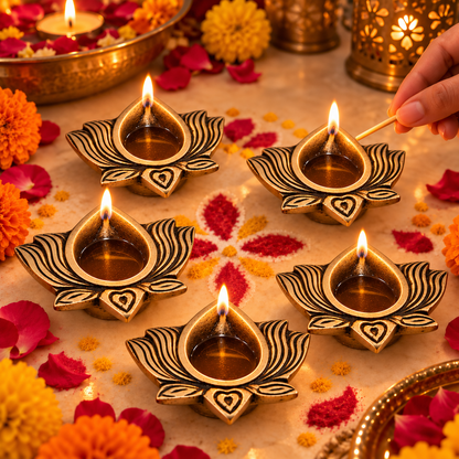 Brass Lotus Diya in Antique Finish – Traditional Oil Lamp for Puja & Diwali | The Indian Aura