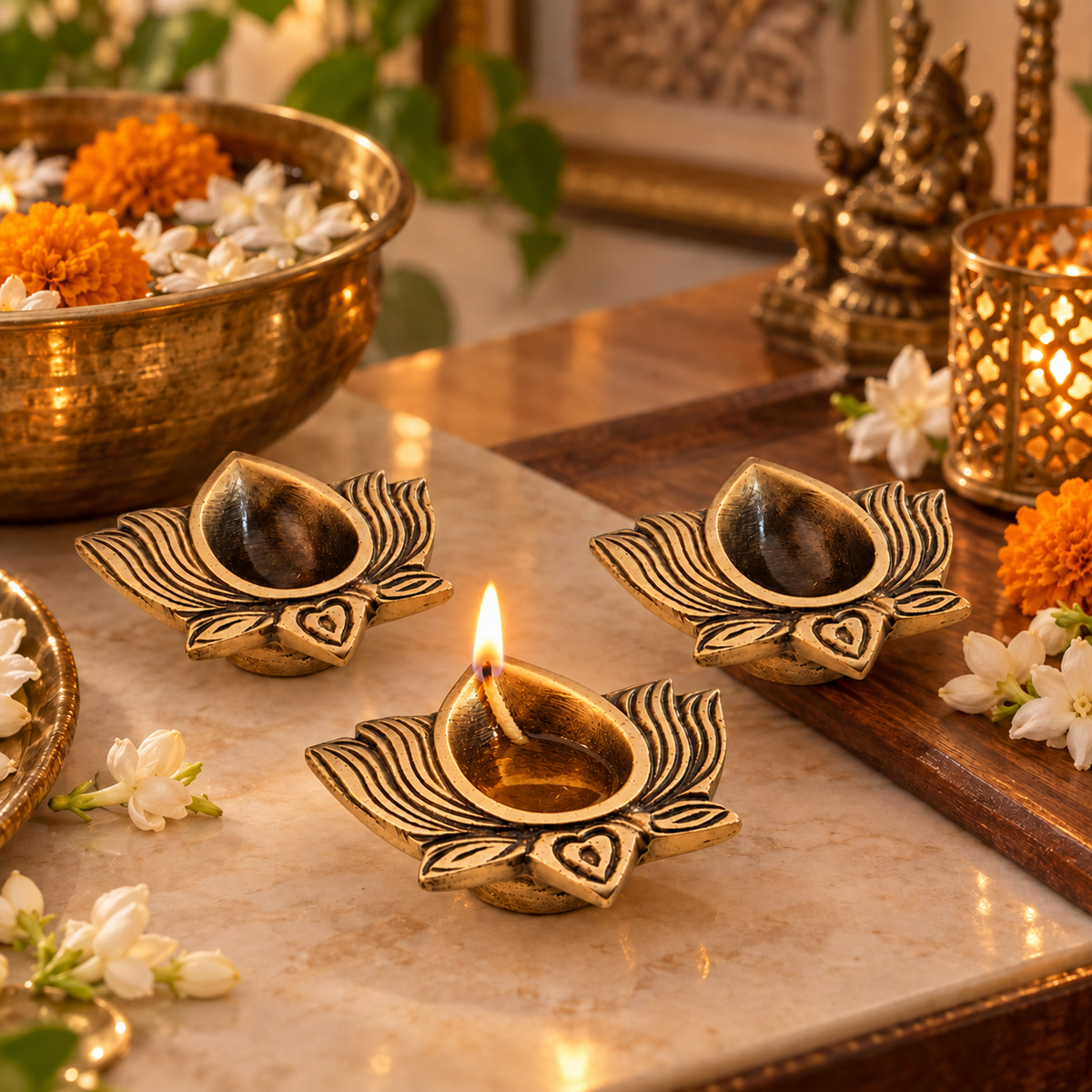 Brass Lotus Diya in Antique Finish – Traditional Oil Lamp for Puja & Diwali | The Indian Aura