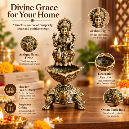 Antique Brass Lakshmi Diya with Turtle Base for Puja & Home Decor | The Indian Aura
