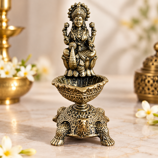 Antique Brass Lakshmi Diya with Turtle Base for Puja & Home Decor | The Indian Aura