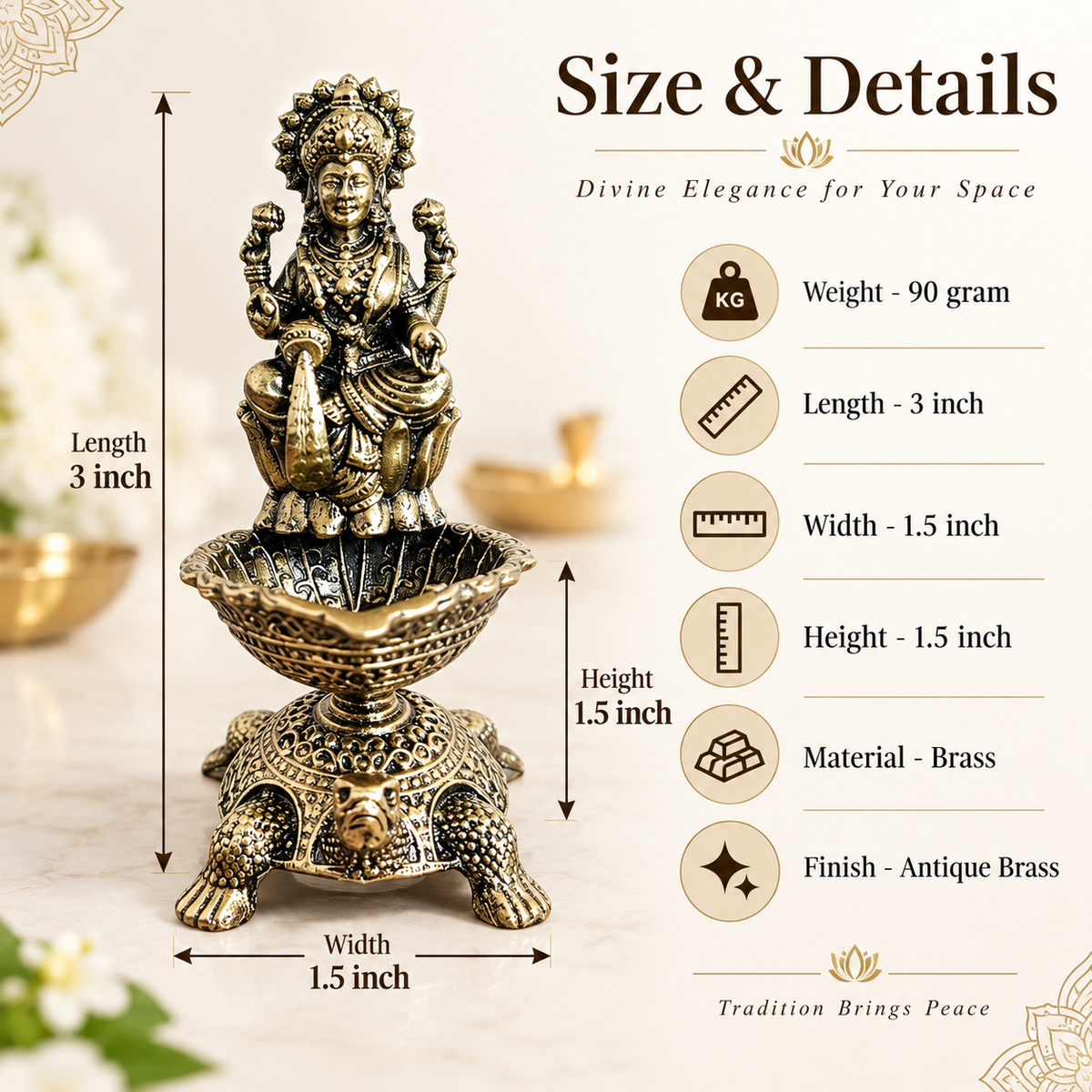 Antique Brass Lakshmi Diya with Turtle Base for Puja & Home Decor | The Indian Aura