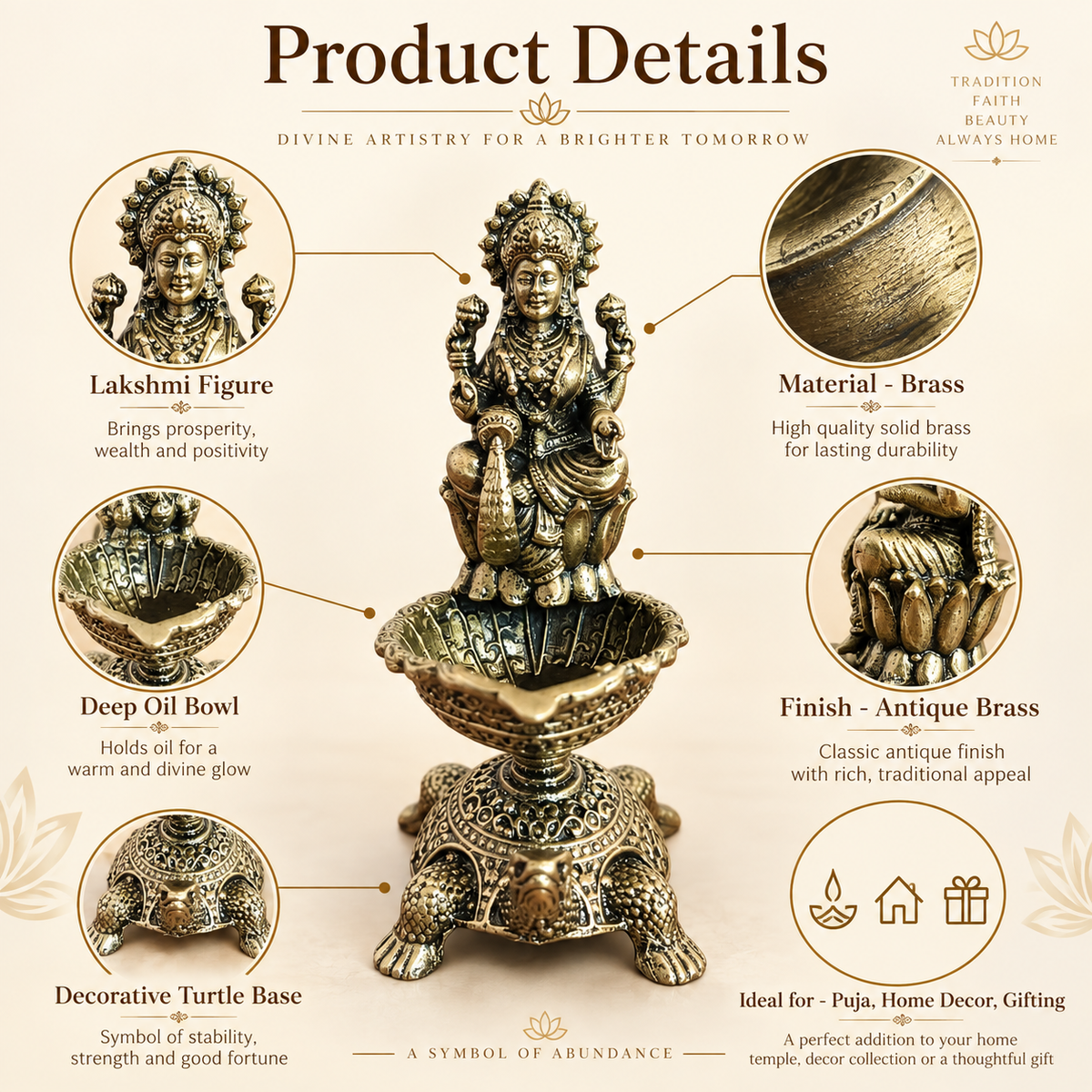 Antique Brass Lakshmi Diya with Turtle Base for Puja & Home Decor | The Indian Aura
