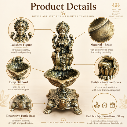 Antique Brass Lakshmi Diya with Turtle Base for Puja & Home Decor | The Indian Aura