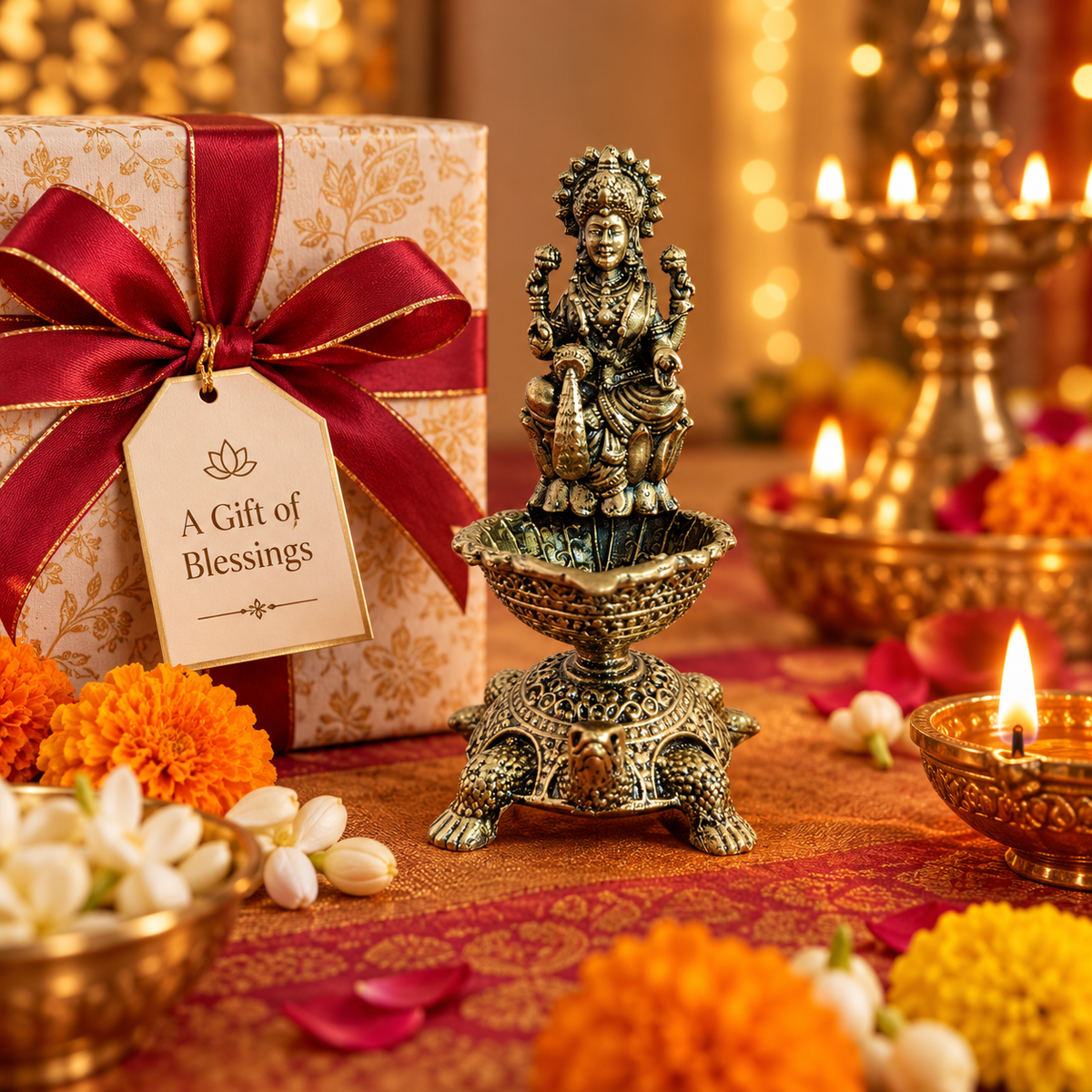 Antique Brass Lakshmi Diya with Turtle Base for Puja & Home Decor | The Indian Aura