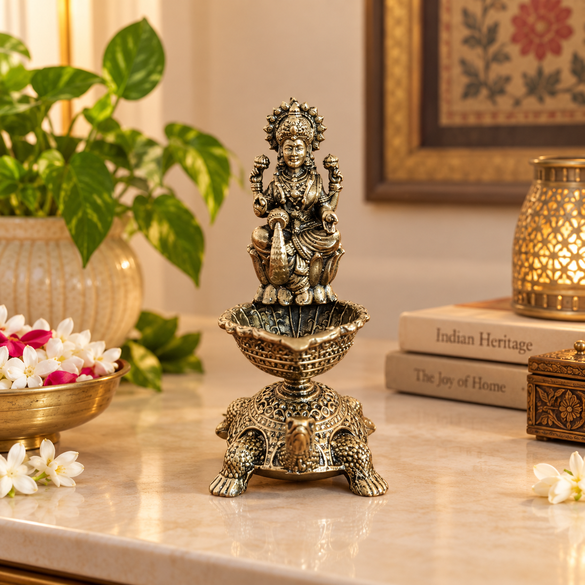 Antique Brass Lakshmi Diya with Turtle Base for Puja & Home Decor | The Indian Aura